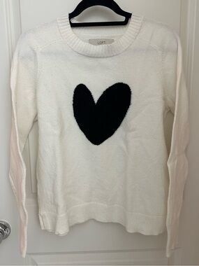 LOFT White Crewneck Sweater with Black Heart